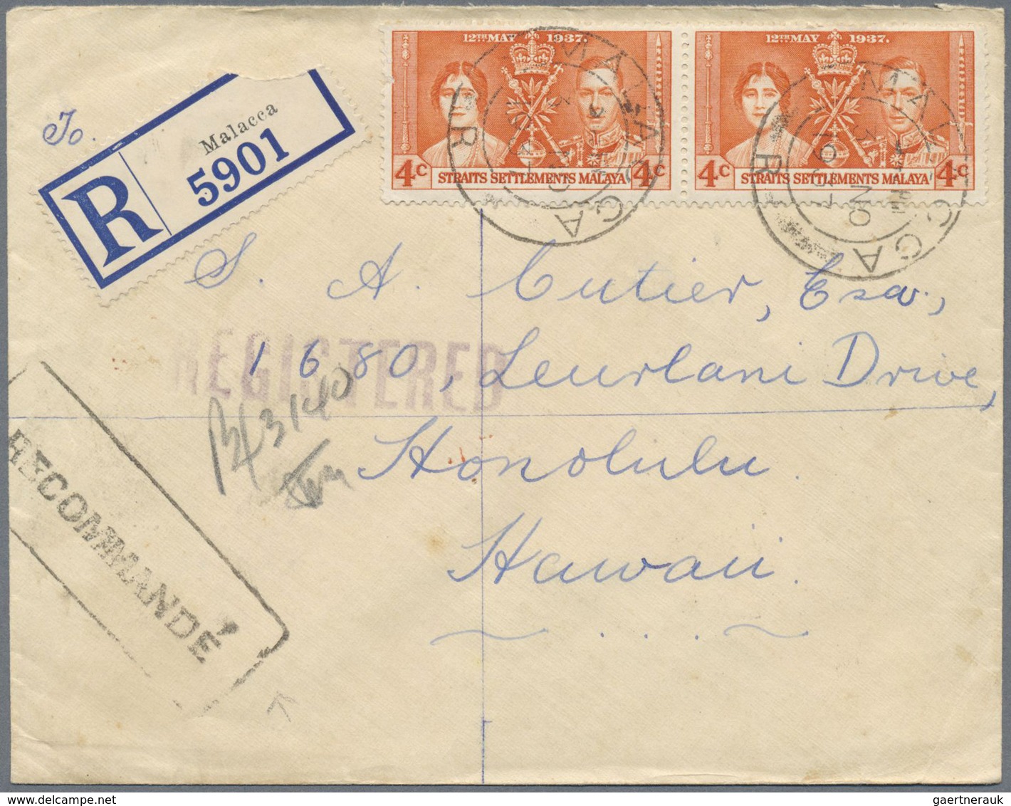 Br Malaiische Staaten - Malakka: 1937, 4c. Orange "Coronation", Eight Copies On Front/on Reverse Of Reg - Malacca