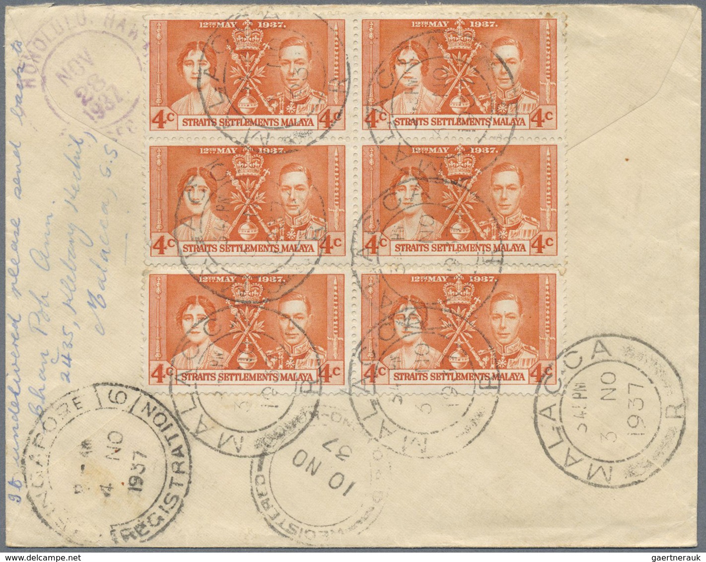 Br Malaiische Staaten - Malakka: 1937, 4c. Orange "Coronation", Eight Copies On Front/on Reverse Of Reg - Malacca