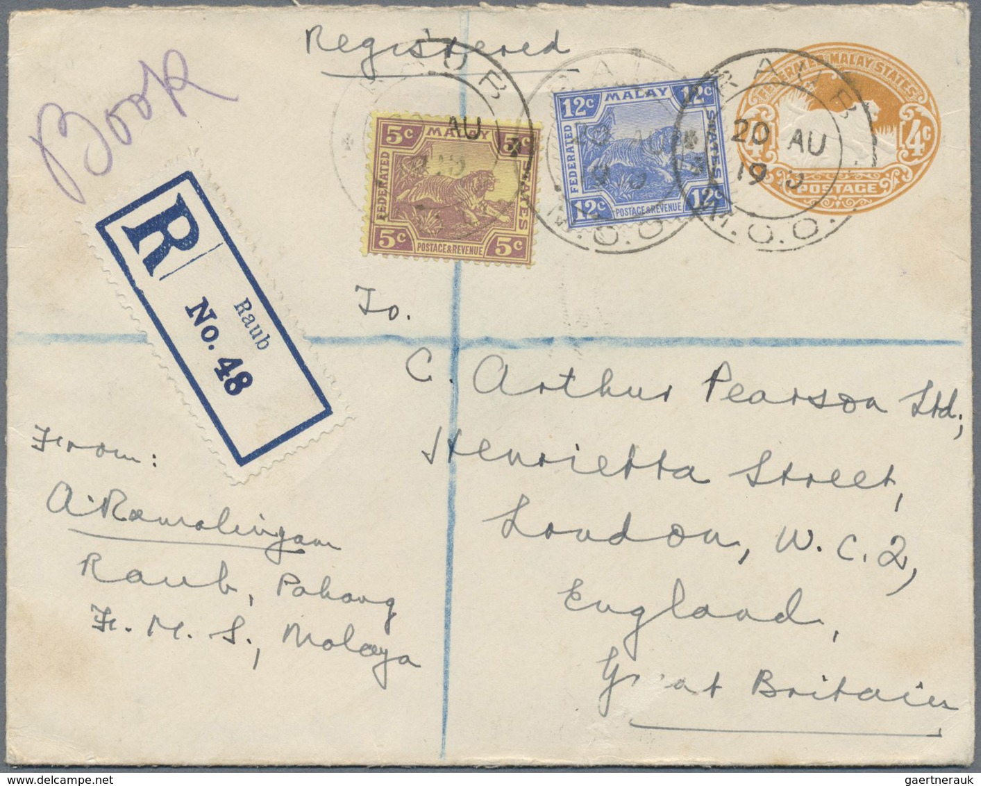 GA Malaiische Staaten - Pahang: 1929, 5c. Mauve On Yellow And 12c. Ultramarine Uprating A Stationery En - Pahang