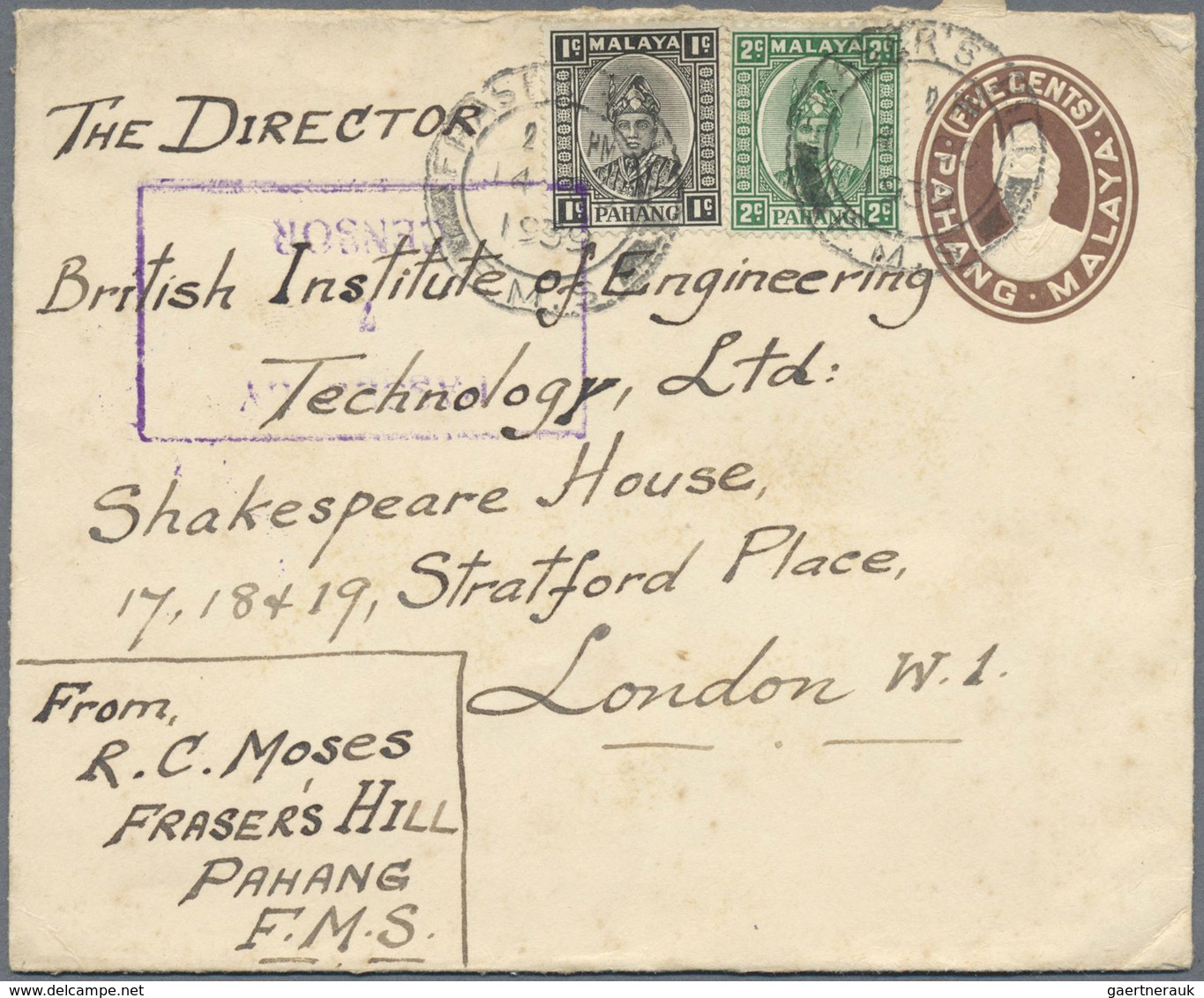 GA Malaiische Staaten - Pahang: 1939, 1c. Black And 2c. Green Uprating A Stationery Envelope 5c. Brown - Pahang