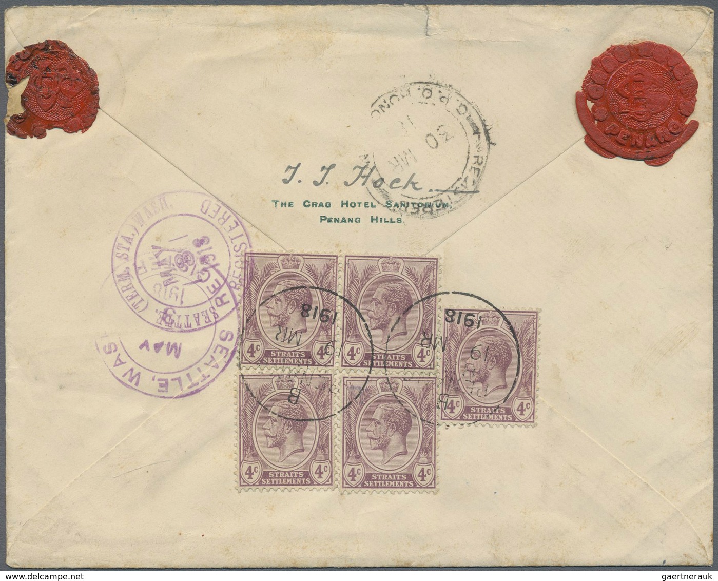 Br Malaiische Staaten - Penang: 1918, 4c. Dull Purple, Five Copies On Reverse Of Registered Cover From - Penang