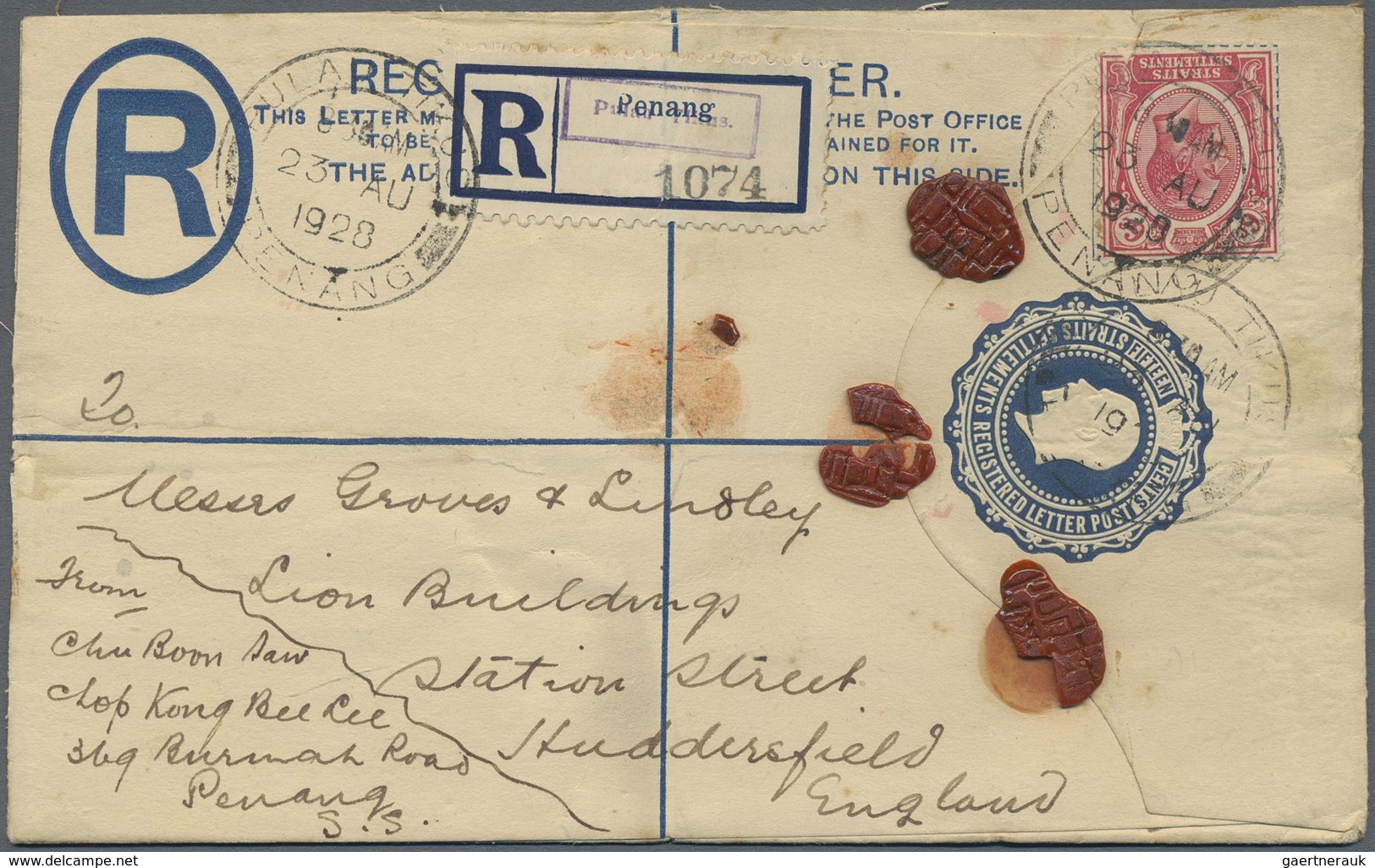 GA Malaiische Staaten - Penang: 1928, Uprated Registered Stationery Envelope 15c. Blue (RE7a) From "PUL - Penang