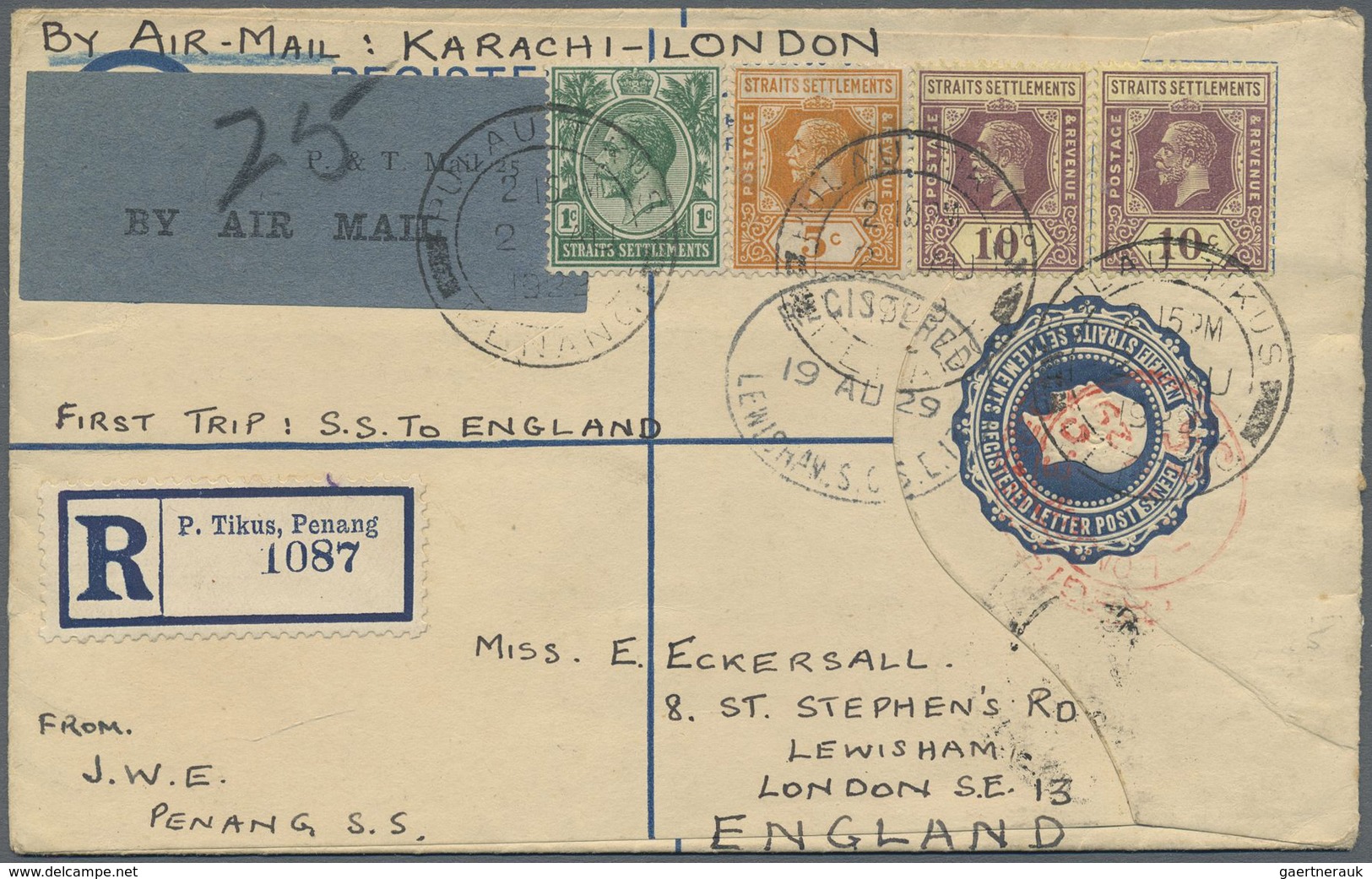 GA/ Malaiische Staaten - Penang: 1929, Registered Airmail Uprated Stationery Envelope For "Karachi-Londo - Penang