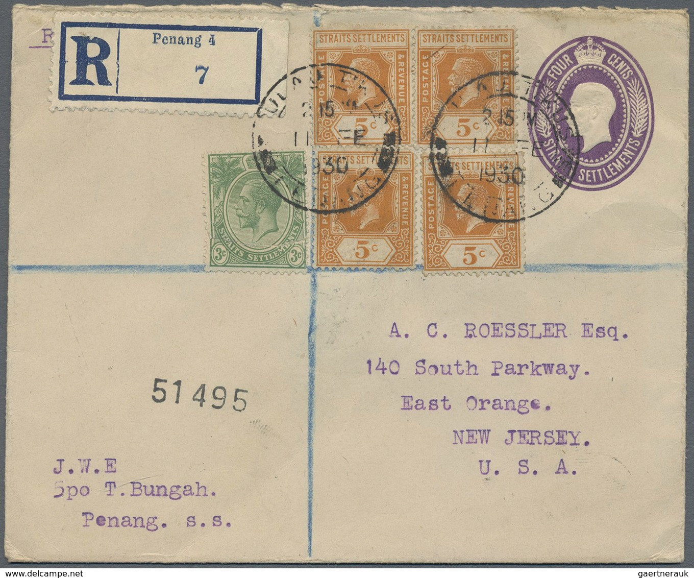 GA Malaiische Staaten - Penang: 1930, Uprated Stationery Envelope 4c. Violet (E1), 3c. Green Faulty, Re - Penang