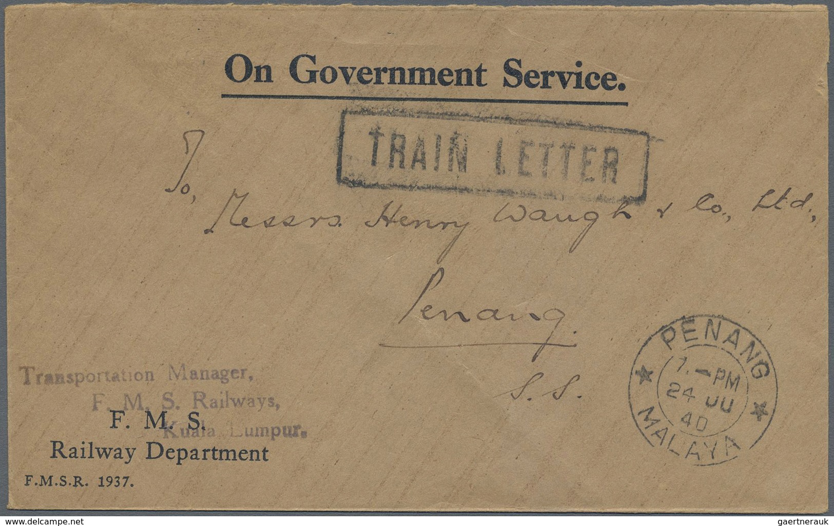 Br Malaiische Staaten - Penang: 1940, Service Letter Without Postage Sent From "F.M.S. Railway Departme - Penang