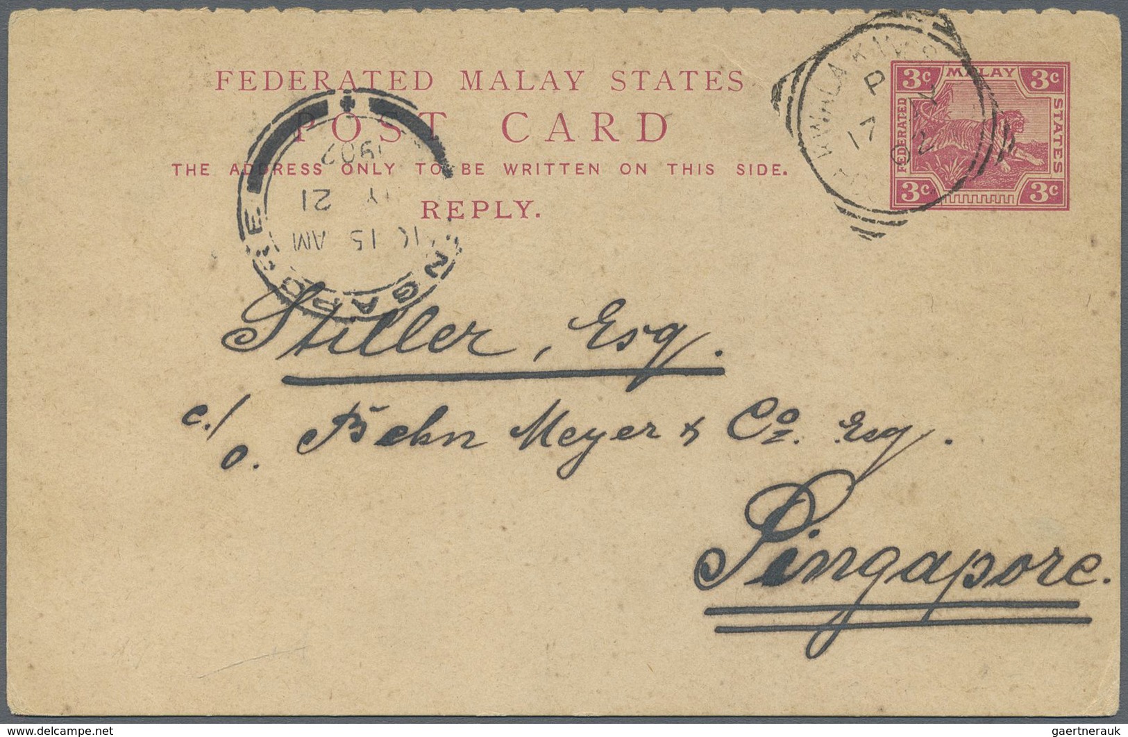 GA Malaiische Staaten - Perak: 1902, Reply Part 3c. Carmine, Commercially Used From "KUALA KANGSAR 17 J - Perak