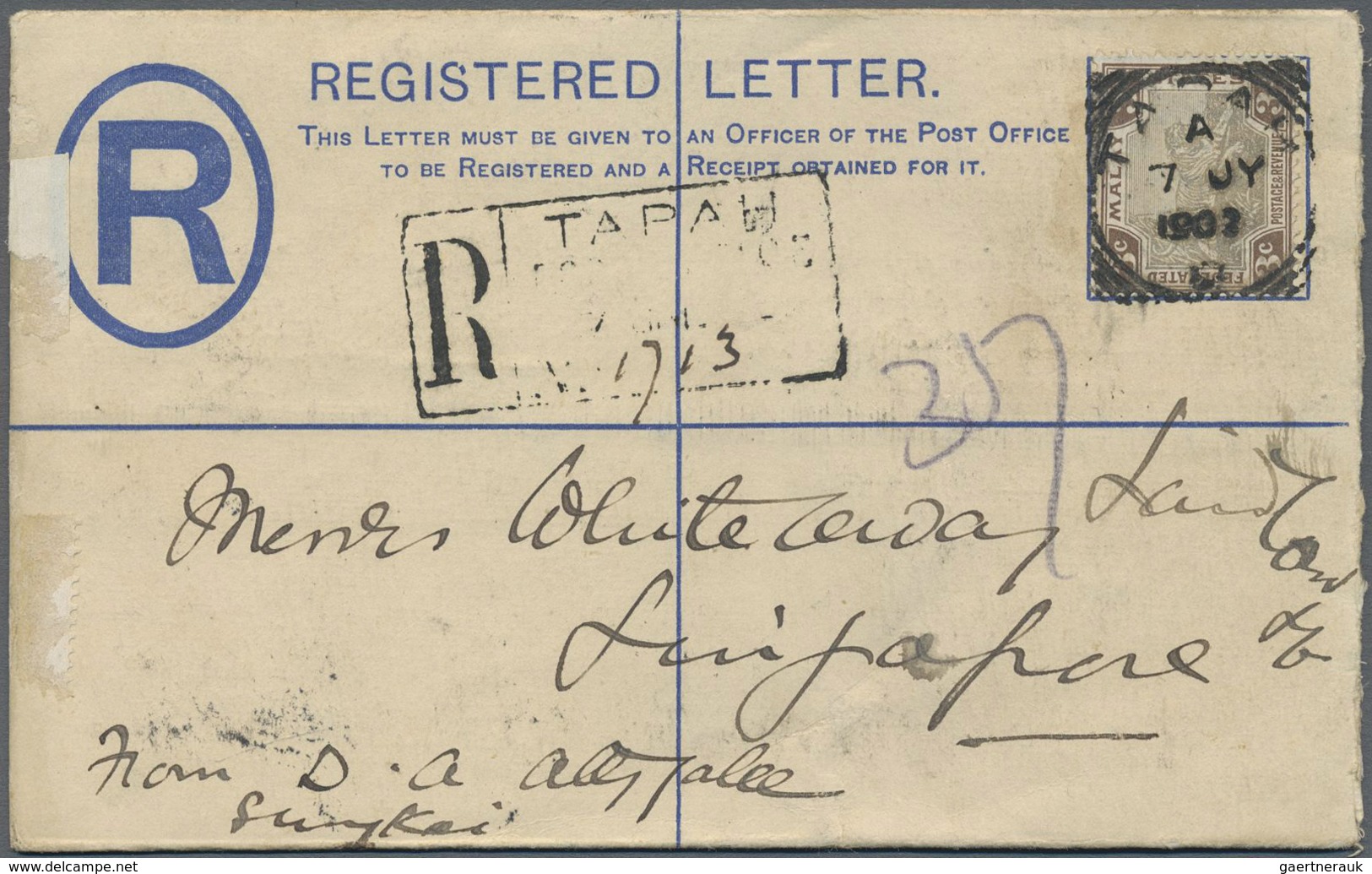 GA Malaiische Staaten - Perak: 1902, 3c. Grey/brown Uprating A Registered Stationery Envelope 5c. Blue - Perak