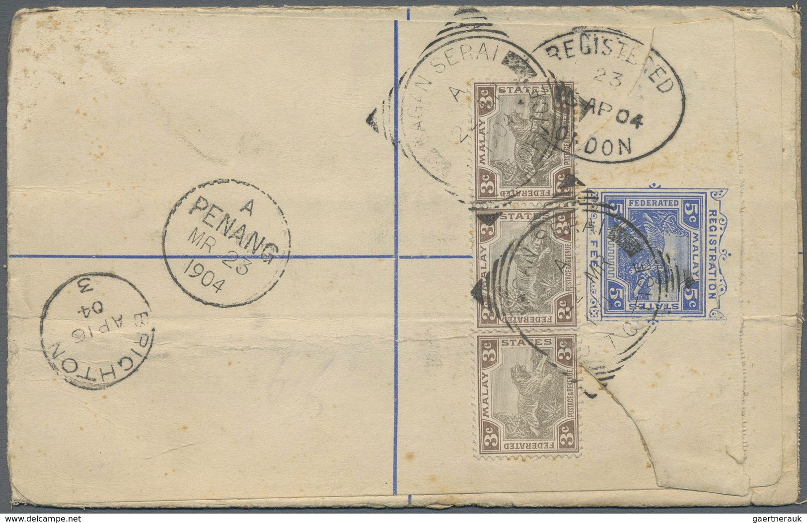 GA Malaiische Staaten - Perak: 1904, 3c. Grey/brown Horiz. Strip Of Three Uprating A Registered Station - Perak