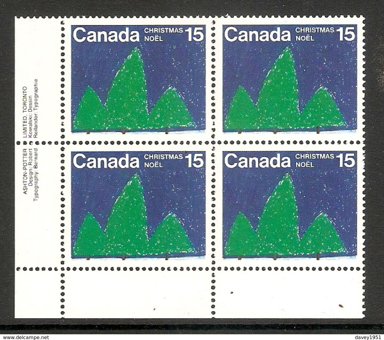 006361 Canada 1975 Christmas 15c Plate Block LL MNH - Plate Number & Inscriptions