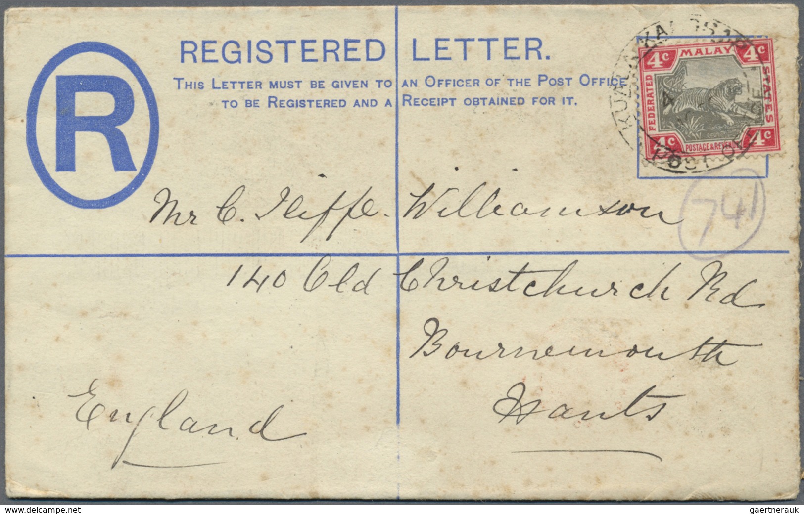 GA Malaiische Staaten - Perak: 1909, Registered Stationery Envelope Uprated By 4c. Grey/scarlet, Used F - Perak