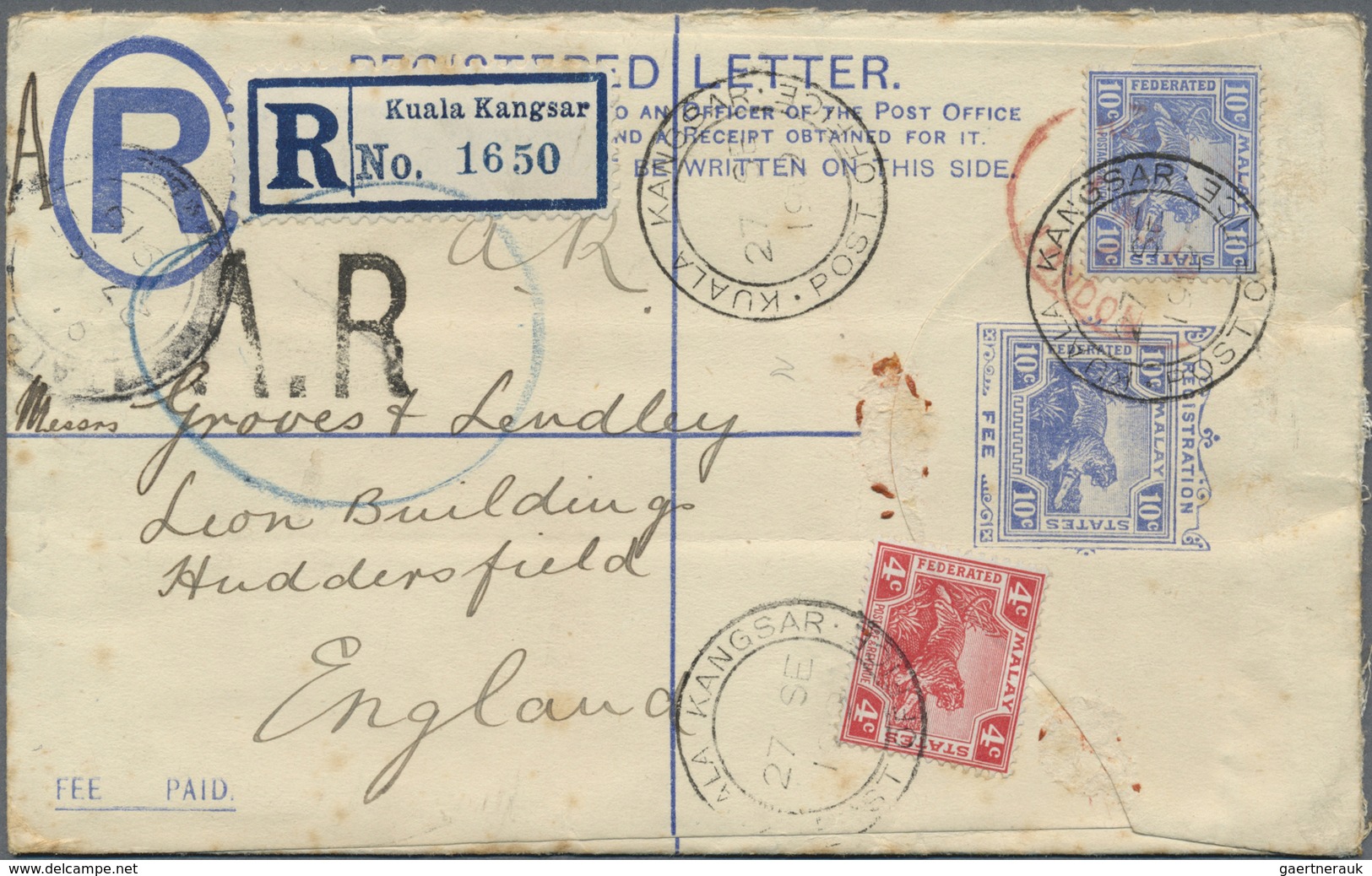 GA Malaiische Staaten - Perak: 1919, 4c. Scarlet And 10c. Blue Uprating A Registered Stationery Envelop - Perak