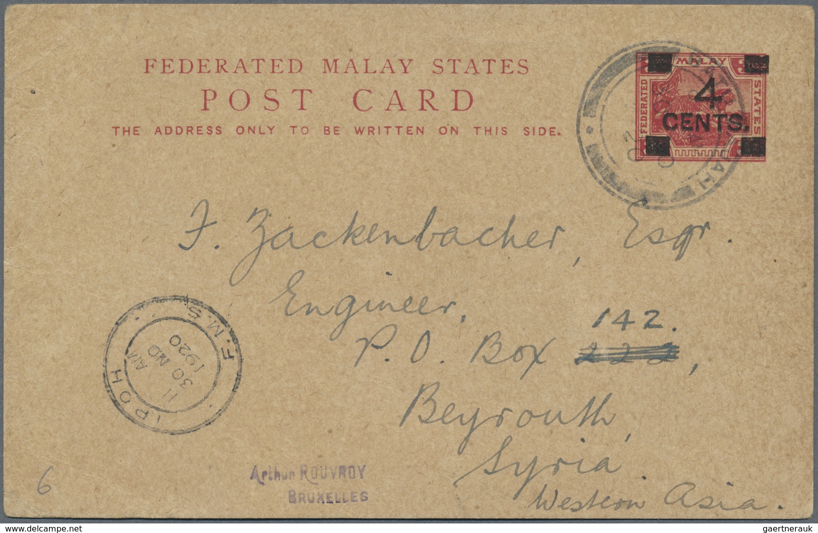 GA Malaiische Staaten - Perak: 1920, Stationery Card 4 Cents On 3c. Carmine, Used With Full Message Fro - Perak