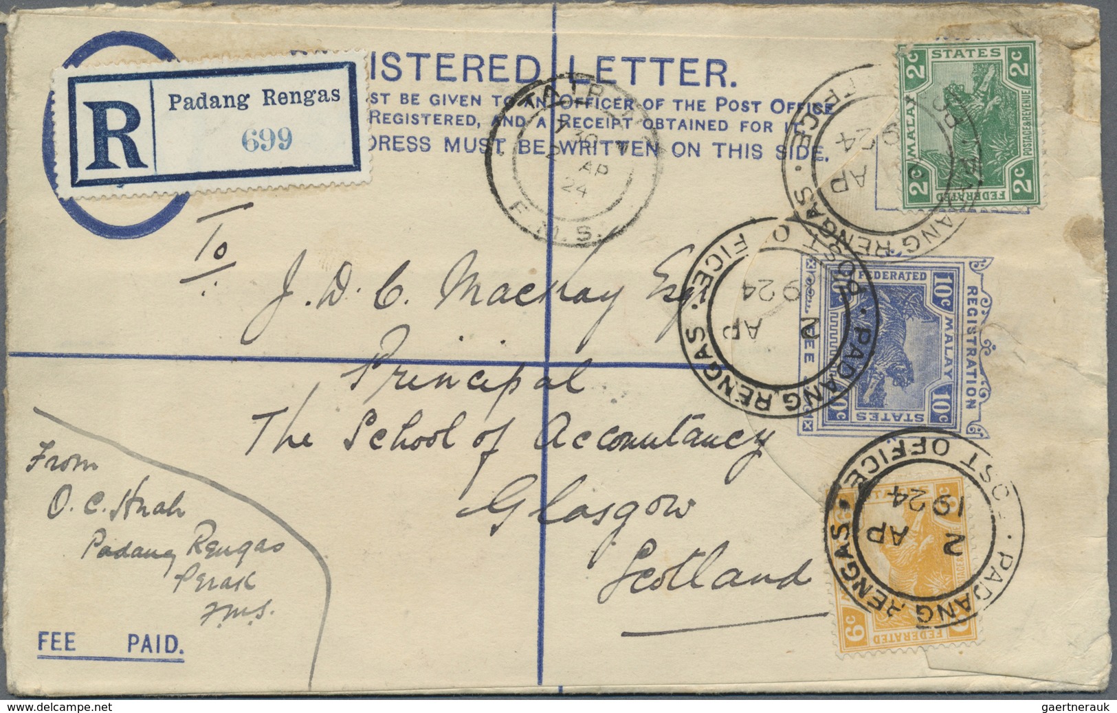 GA Malaiische Staaten - Perak: 1924, Uprated Registered Stationery Envelope 10c. Blue (RE3a) Used From - Perak