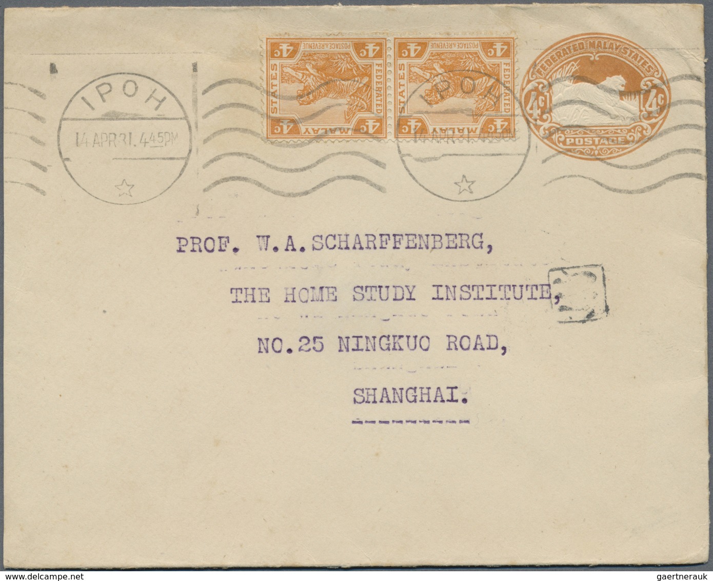 GA Malaiische Staaten - Perak: 1931, 4c. Orange Horiz. Pair Uprating A Stationery Envelope 4c. Orange ( - Perak