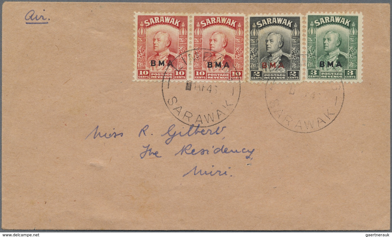 Br Malaiische Staaten - Sarawak: 1946, Letter Bearing 2c, 3c And Pair 10c BMA Datestamped LIMBANG, SARA - Andere & Zonder Classificatie