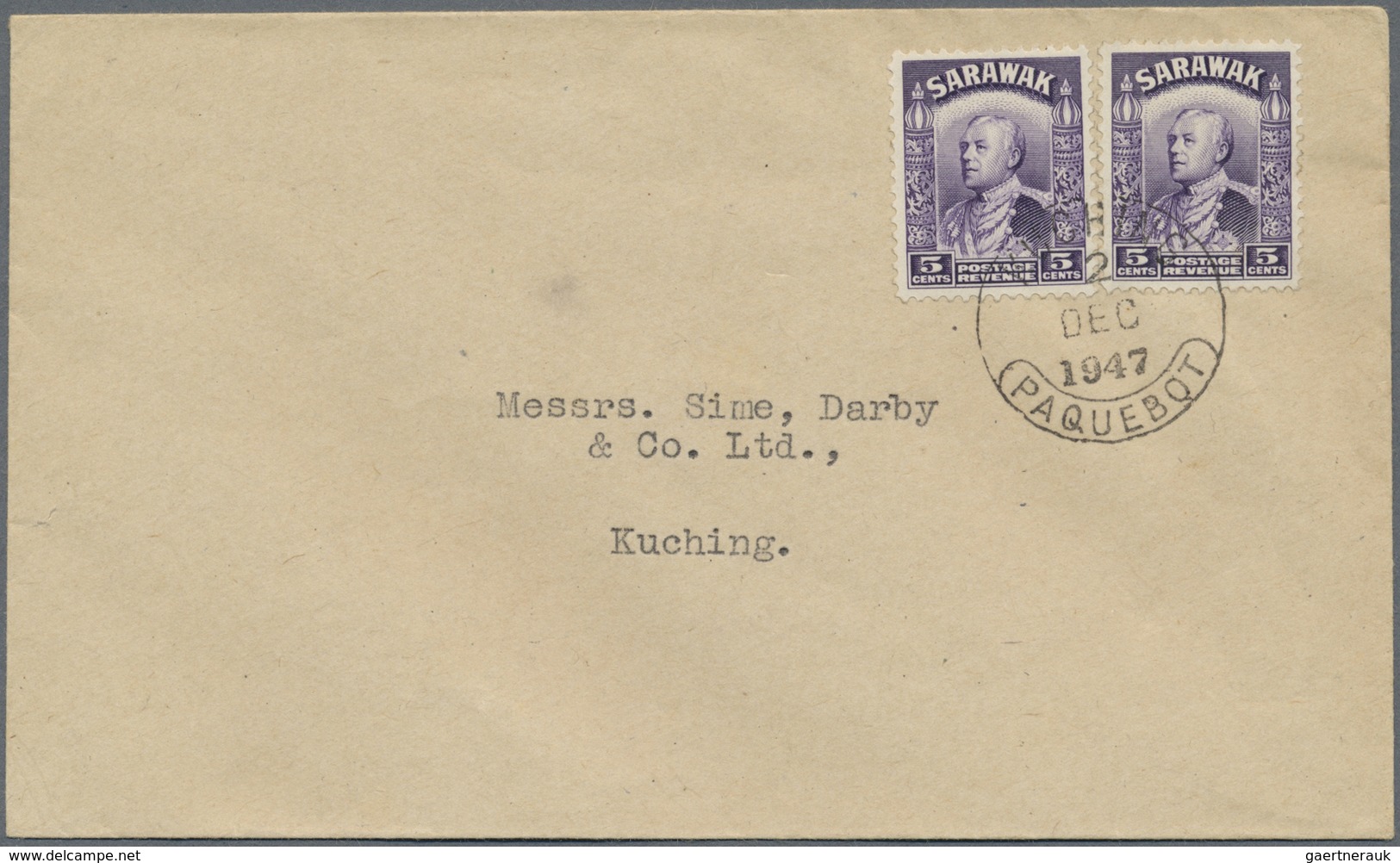 Br Malaiische Staaten - Sarawak: 1947, Cover Bearing Pair 5c Brooke Tied By KUCHING PQAUEBOT Datestamp. - Other & Unclassified