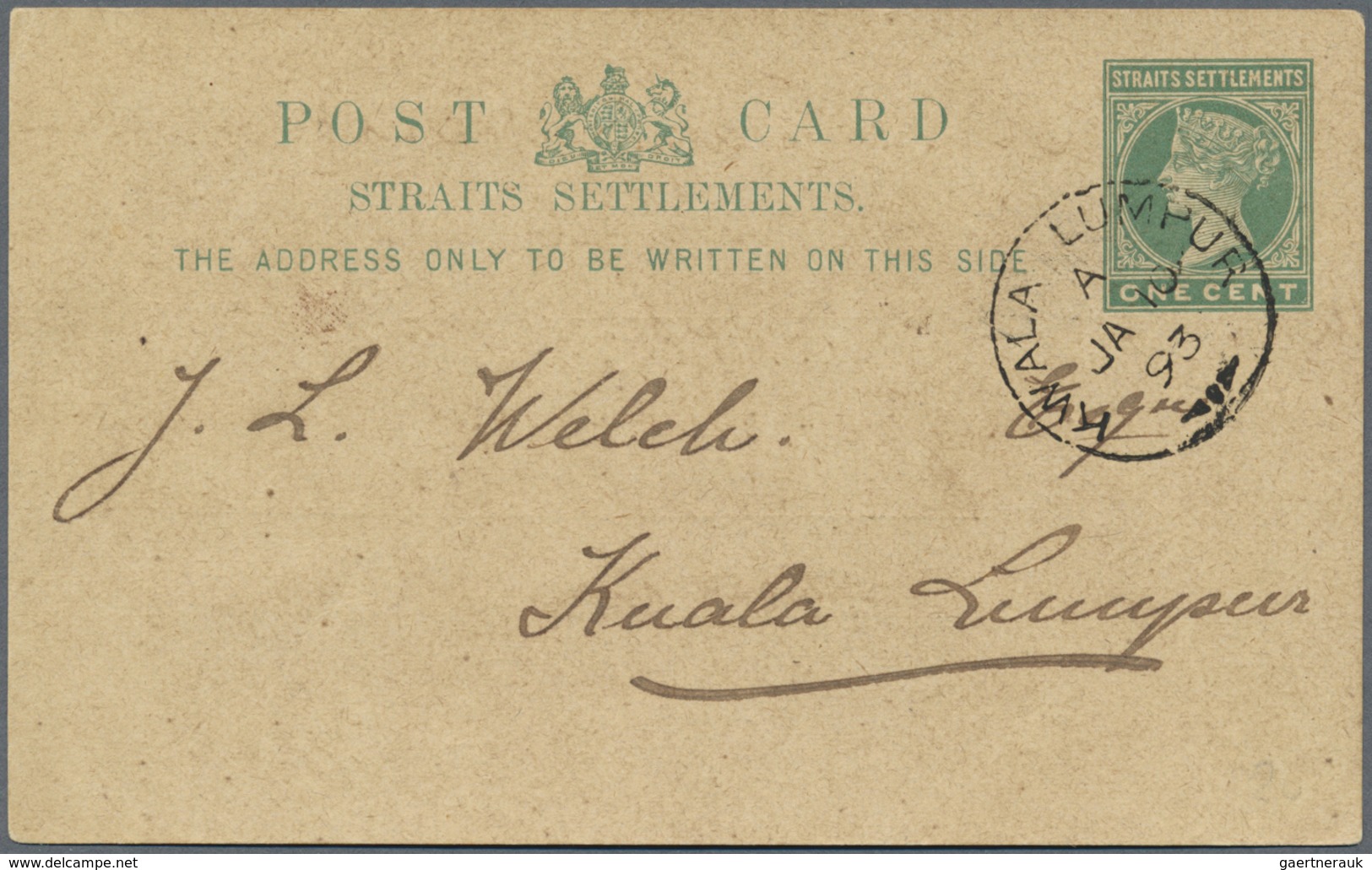 GA Malaiische Staaten - Selangor: 1893, 1 C Victoria Stationery Card With Fine KUALA LUMPUR Postmark Se - Selangor