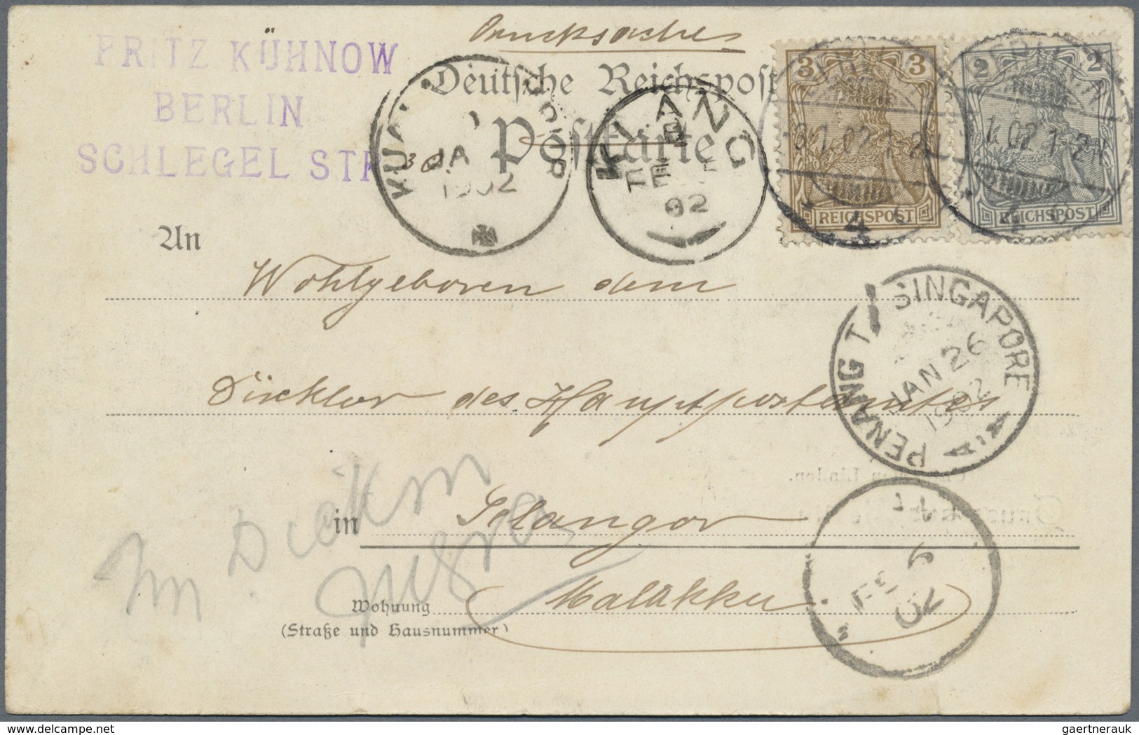 Malaiische Staaten - Selangor: 1902, Incoming Ppc From Berlin/Germany 3.1.02, Four Different Malayan - Selangor