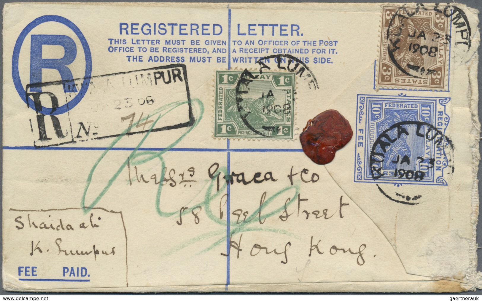 GA Malaiische Staaten - Selangor: 1908, 1c. Green And 3c. Brown Uprating A Registered Stationery Envelo - Selangor