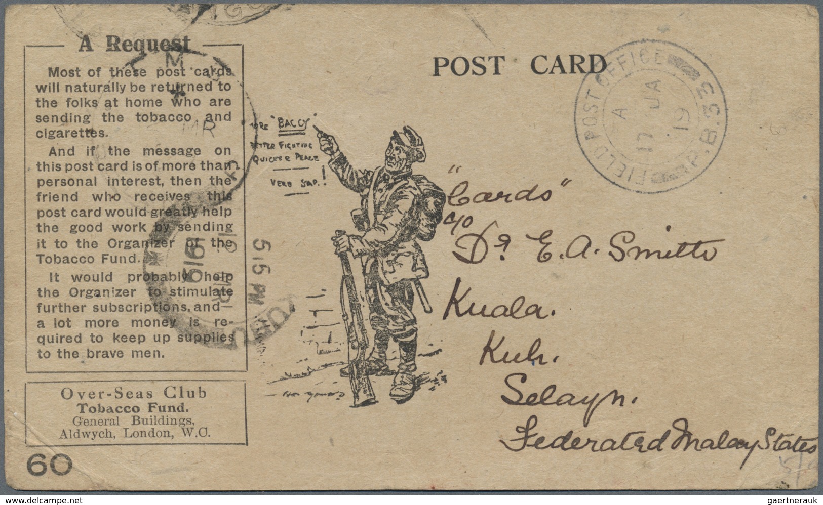 Br Malaiische Staaten - Selangor: 1919, PETCHENGA - A Request C.D.S: ON "BACCY" CARD ADDRESSED TO MALAY - Selangor