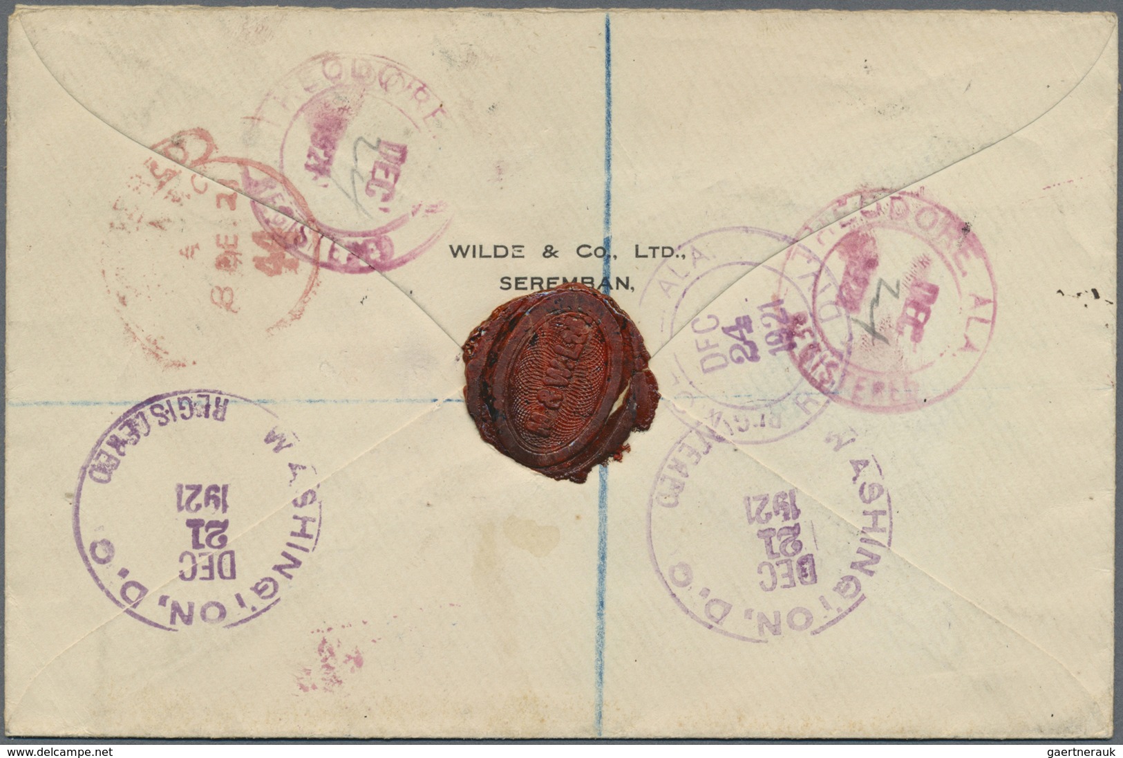 Br Malaiische Staaten - Selangor: 1921, Registered Letter Addressed To Alabama, USA Franked With 4c And - Selangor