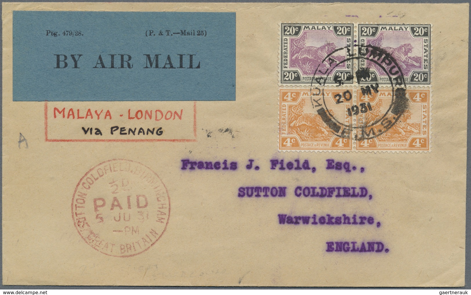 Br Malaiische Staaten - Selangor: 1931, 4c. Orange And 20c. Dull Purple/black, Horiz. Pair Each, On Fli - Selangor