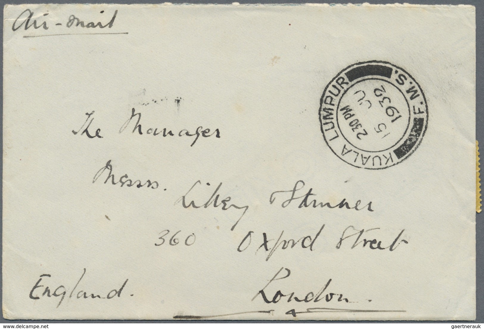 Br Malaiische Staaten - Selangor: 1932/1941, small lot of two airmails with 50c mosque, one to Bangkok,