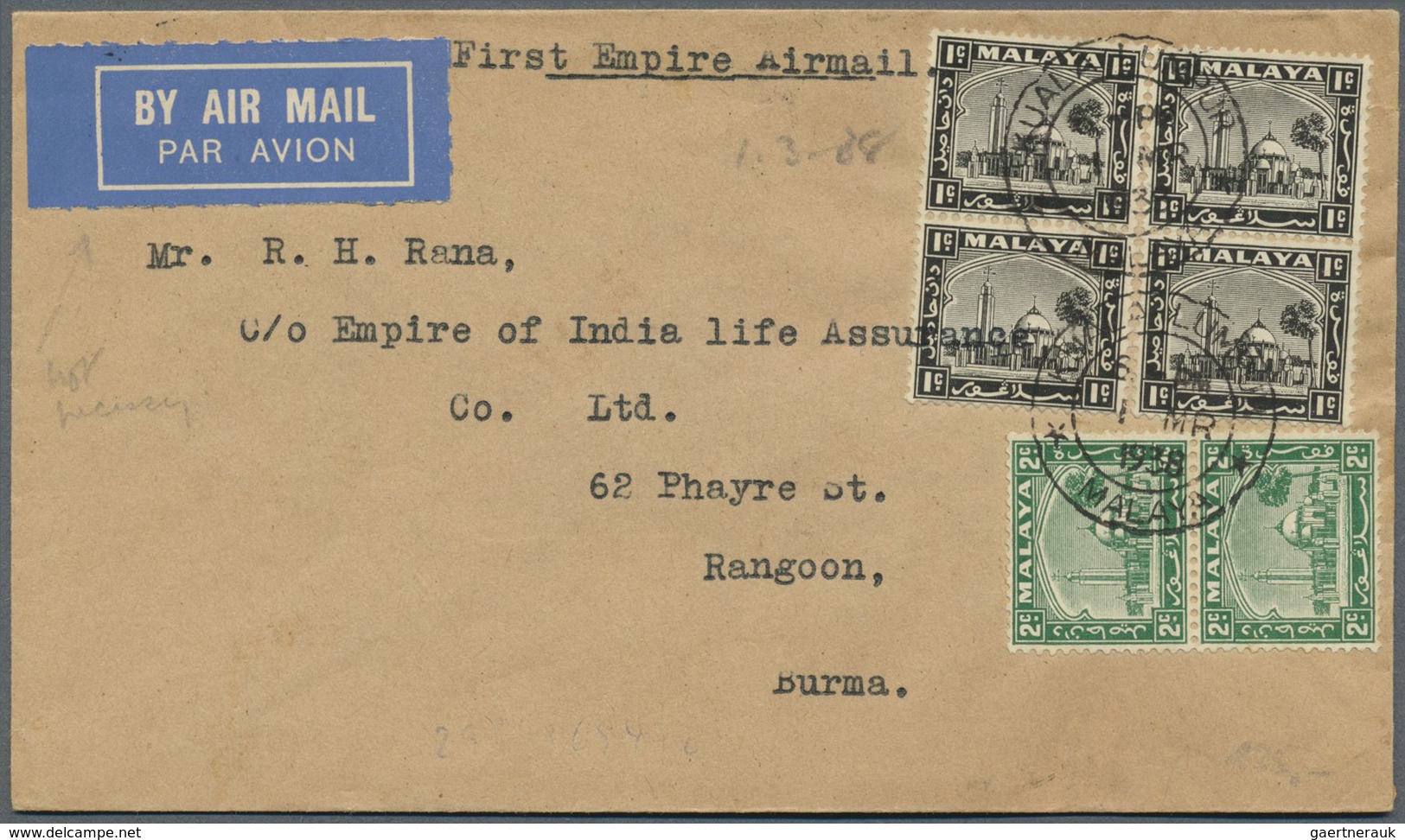 Br/ Malaiische Staaten - Selangor: 1938, Airmail Letter Bearing 6 Values Of The Mosque Issue Making A Ra - Selangor