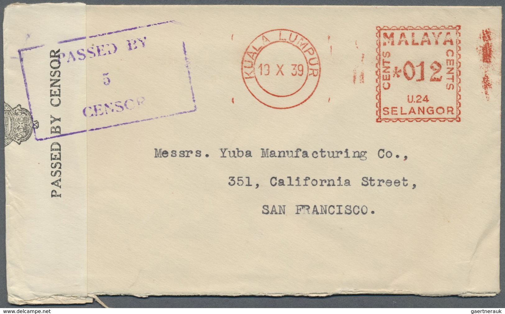 Br Malaiische Staaten - Selangor: 1939, Censored Letter Franked With "KUALA LUMPUR 13 X 39" - "012 Cent - Selangor