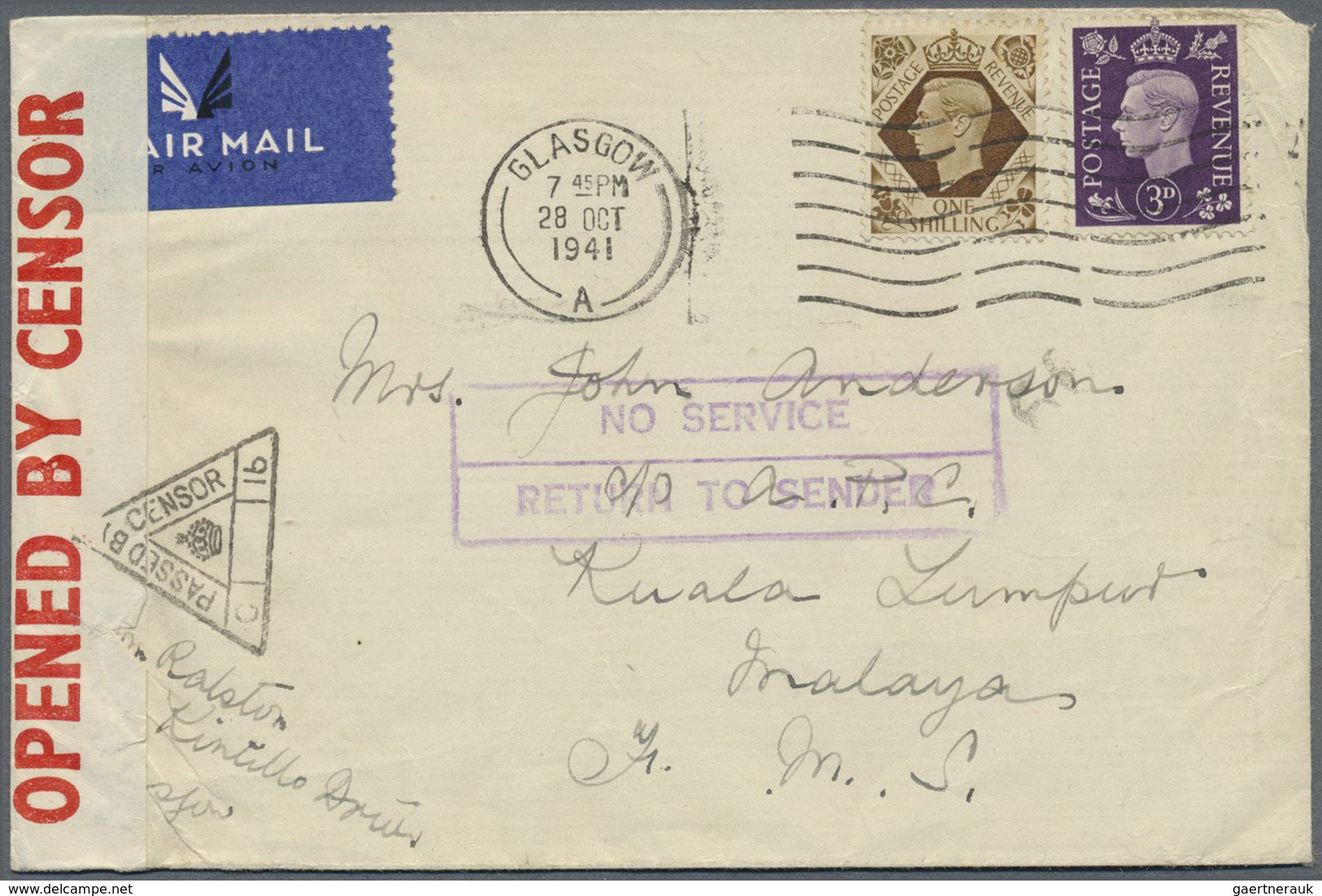 Br Malaiische Staaten - Selangor: 1942, (Feb. 2.) Air Cover To MALAYA Franked 1d., 2d. + 1/-KGVI For Ca - Selangor