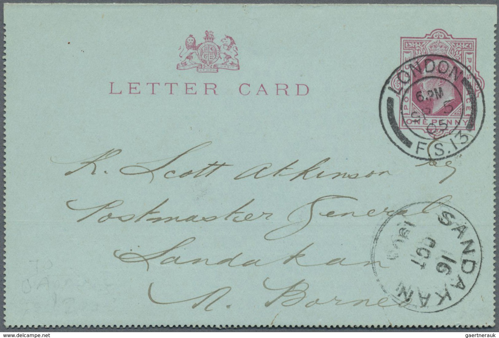 GA Nordborneo: 1905, Incoming GB Letter Card KEVII 1d. Red "LONDON SP 5 05" To Sandakan With Arrival Ma - Noord Borneo (...-1963)