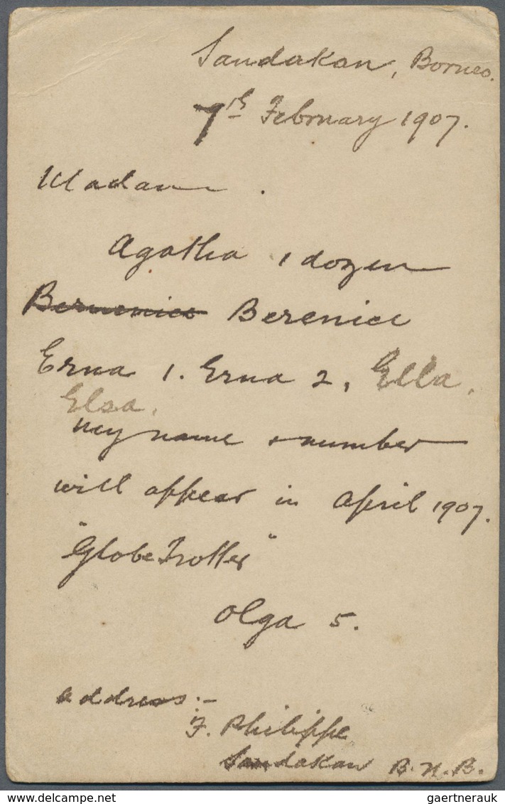 GA Nordborneo: 1907, Stationery Card 1c. Yellow-brown Uprated By 3c. Green/rosy-mauve, Used From "SANDA - Noord Borneo (...-1963)