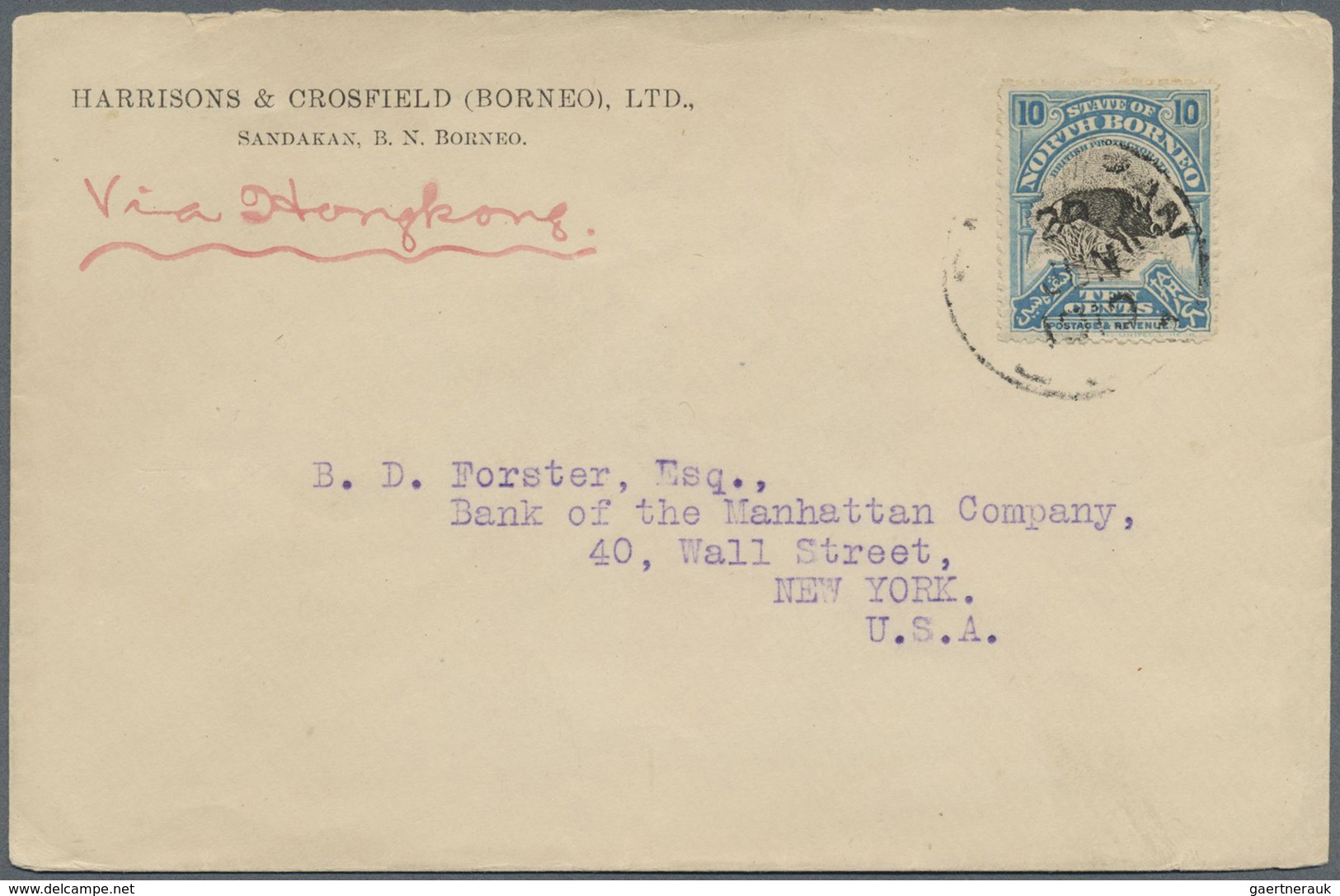 Br Nordborneo: 1919, 10c. Black/turquoise-blue, Single Franking On Cover With Sender's Imprint "Harriso - North Borneo (...-1963)