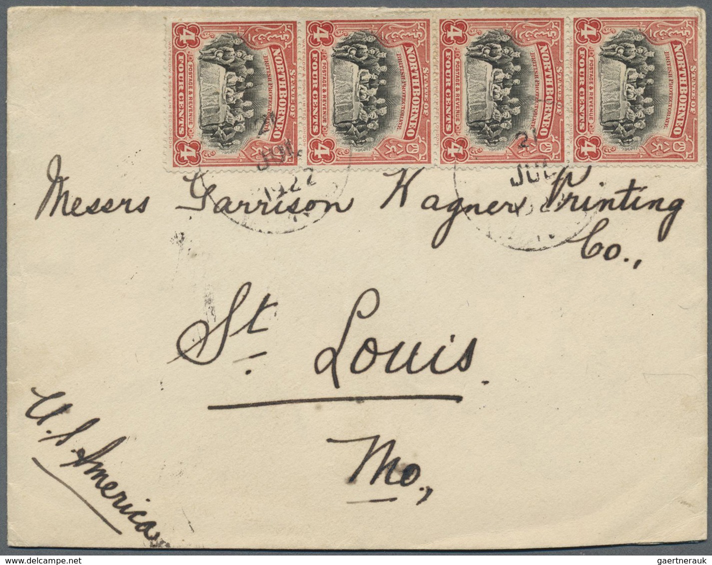 Br Nordborneo: 1922, 4c. Black/scarlet, Vertical Strip Of Four On Cover 21 JUL 1922 To St.Louis/USA, On - North Borneo (...-1963)