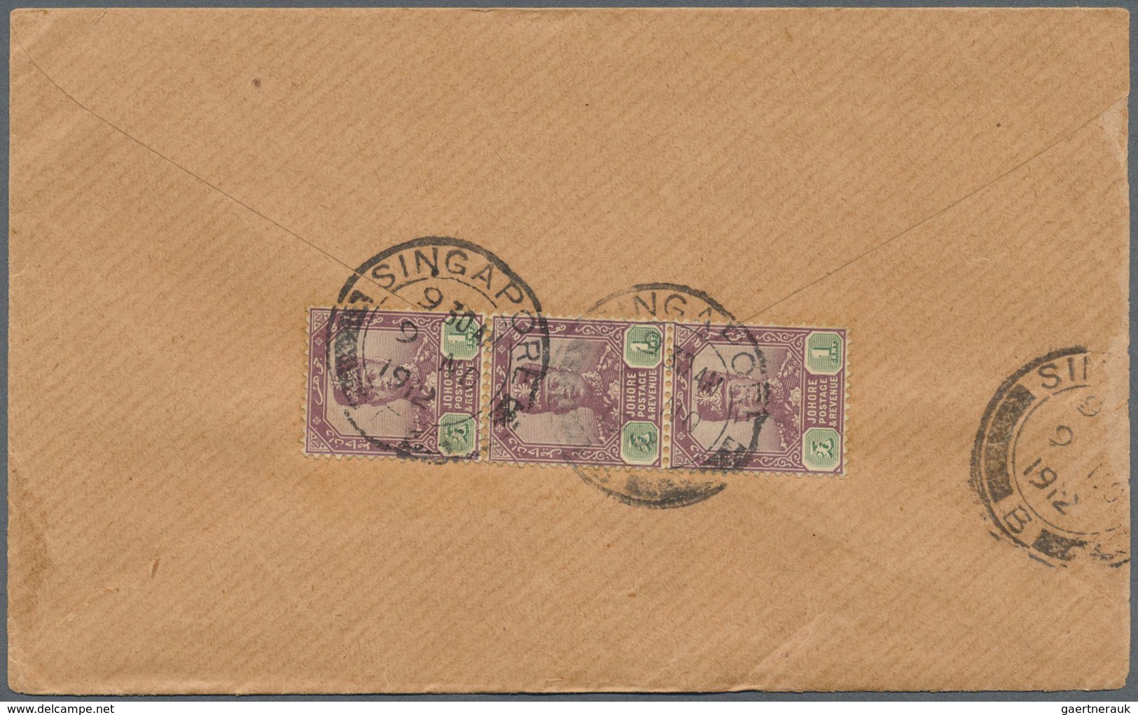 Br Singapur: 1912, 1c Johore Definitives In Vertical Strip Of Three With Singapore Double Ring On Back - Singapore (...-1959)