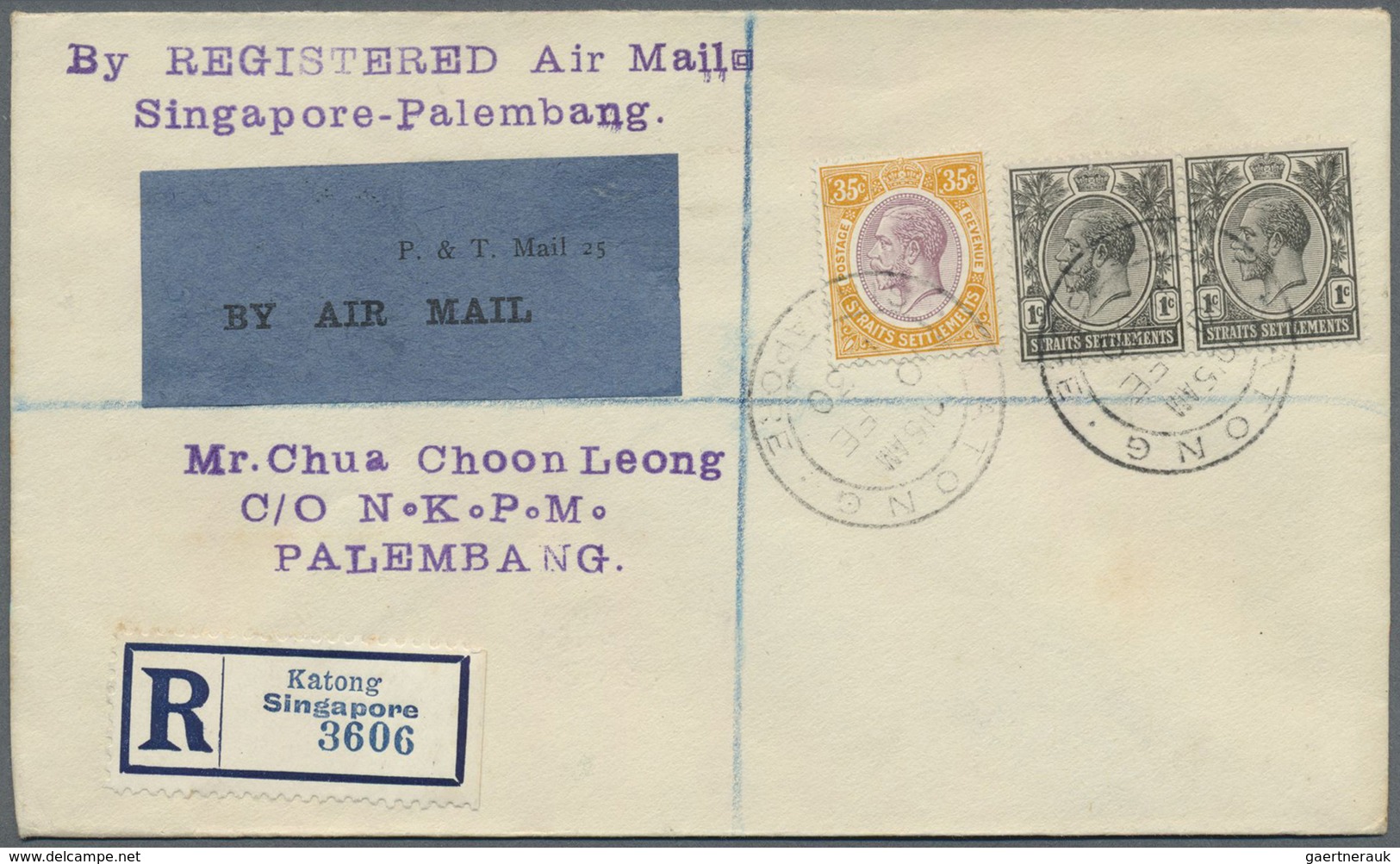 Br/ Singapur: 1930, Registered Airmail Addressed To Palembang With 35c And 1c (2) KGV Tied By KATONG SIN - Singapore (...-1959)