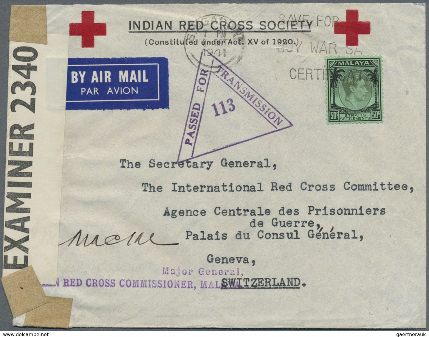 Br/ Singapur: 1941, Air Mail Letter Addressed To "The Red Cross Committee" For POWs In Geneva Franked Wi - Singapore (...-1959)