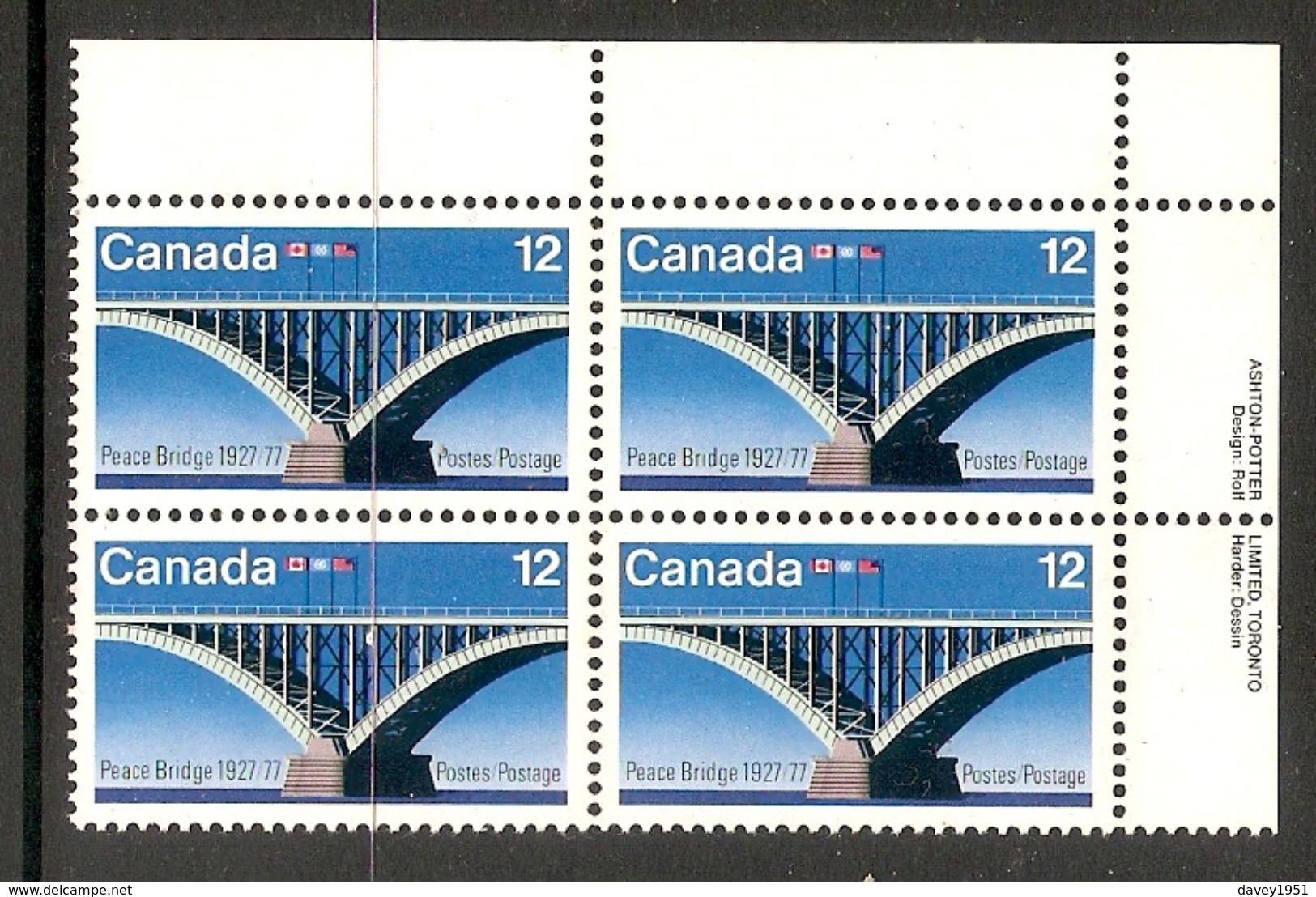 006365 Canada 1977 Bridge 12c Plate Block UR MNH - Plate Number & Inscriptions