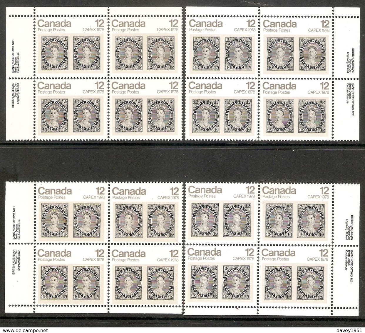 006370 Canada 1978 Capex 12c Plate Block 1 Set MNH - Plate Number & Inscriptions