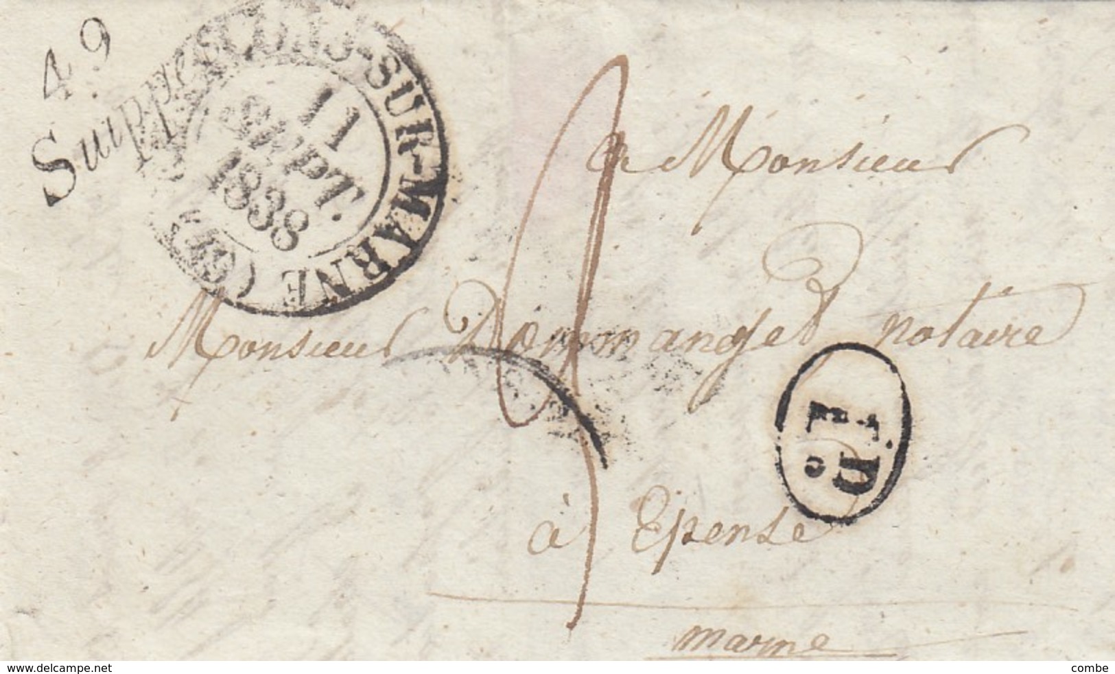 LETTRE. 11 SEPTEMBRE 1838. CHALONS-SUR-MARNE POUR EPENSE. CURSIVE 49/ SUIPPES  / 2365 - 1801-1848: Précurseurs XIX