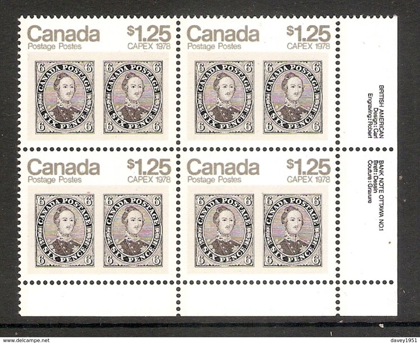 006373 Canada 1978 Capex $1.25c Plate Block 1 LR MNH - Plate Number & Inscriptions