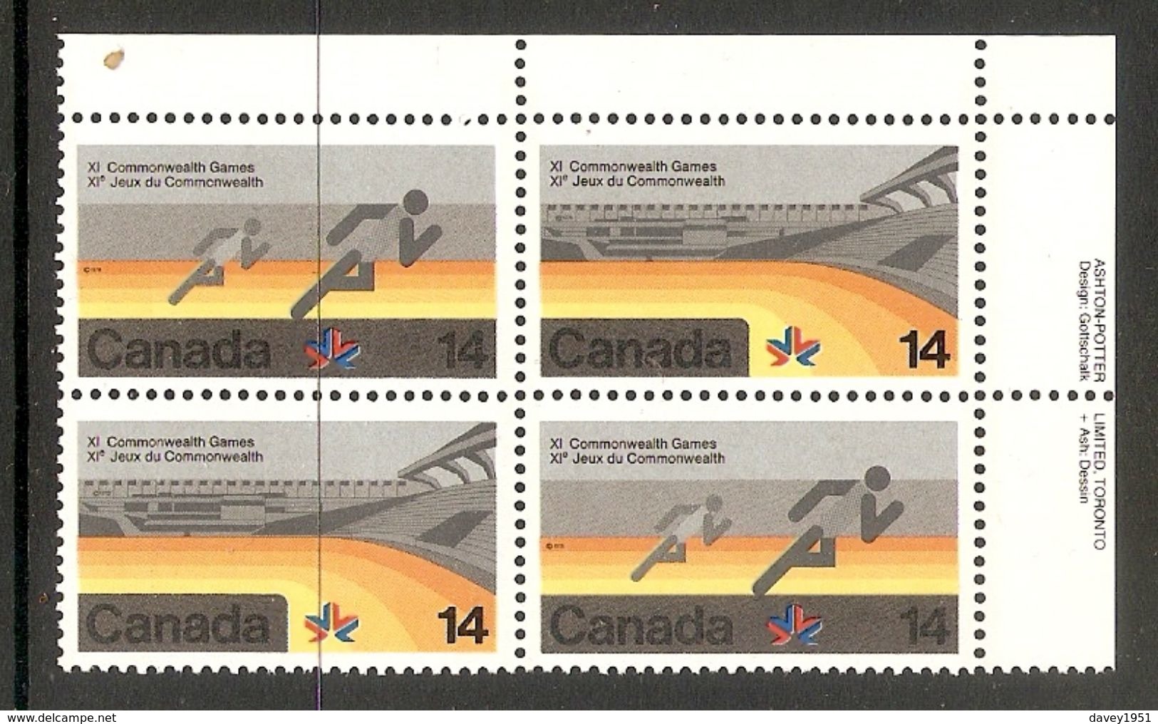 006374 Canada 1978 Commonwealth Games 14c Plate Block UR MNH - Plate Number & Inscriptions