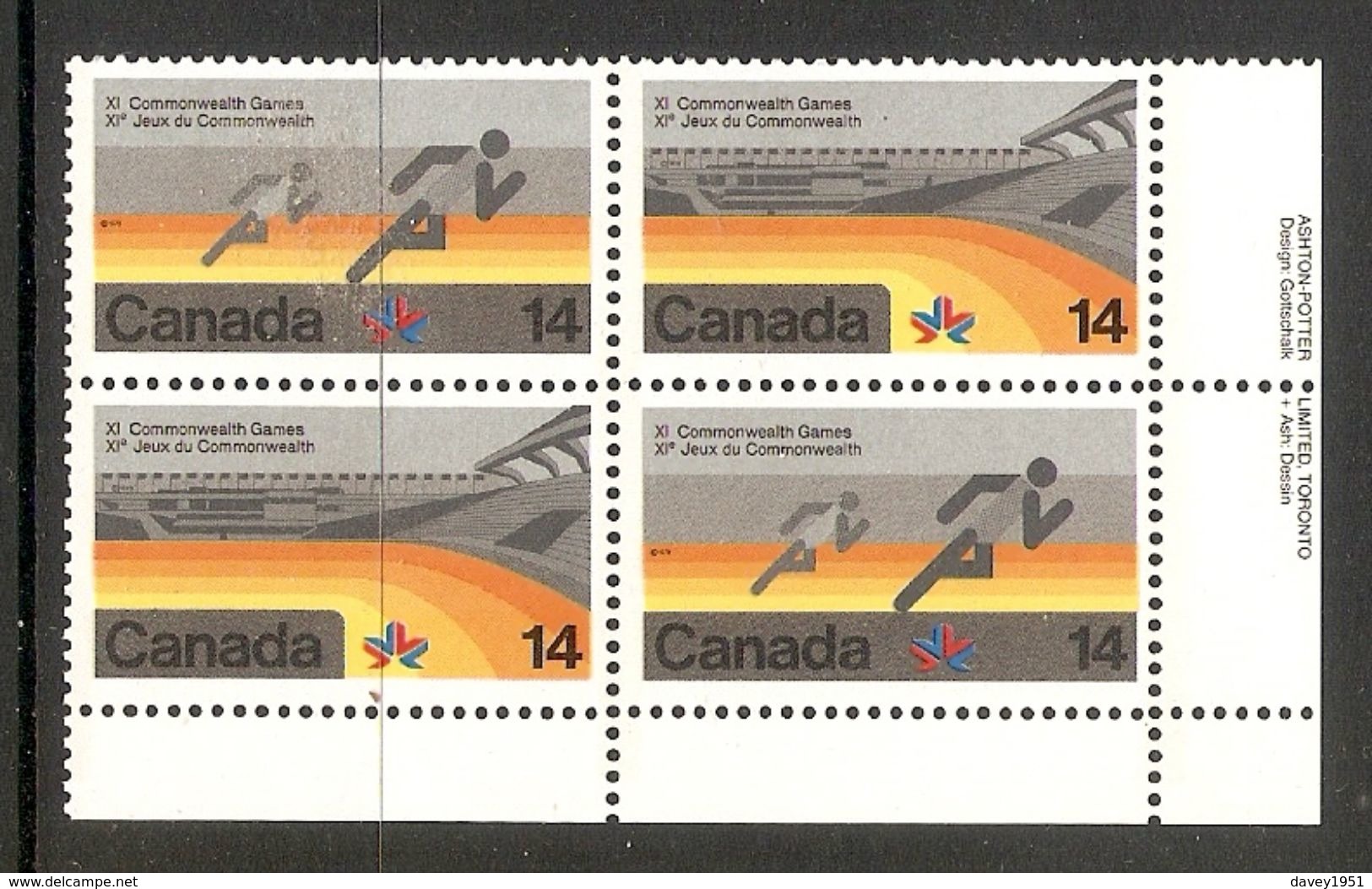 006375 Canada 1978 Commonwealth Games 14c Plate Block LR MNH - Plaatnummers & Bladboorden