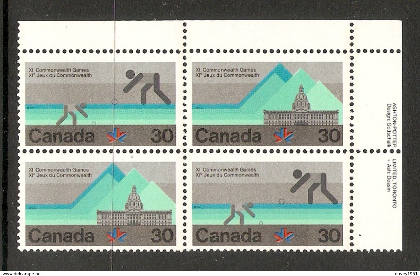 006380 Canada 1978 Commonwealth Games 30c Plate Block UR MNH - Plate Number & Inscriptions