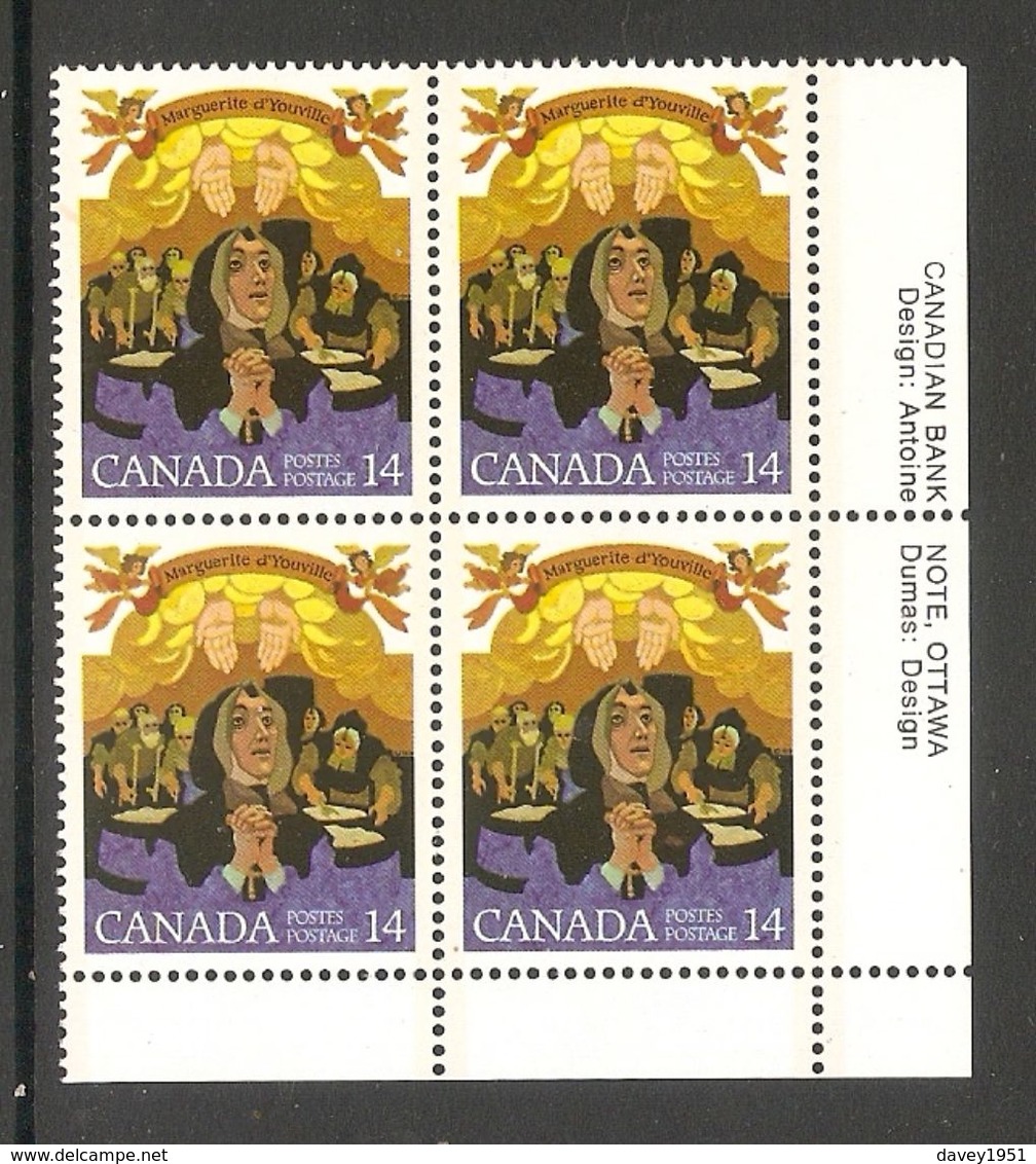 006384 Canada 1978 Marguerite D`Youville 14c Plate Block LR MNH - Plate Number & Inscriptions