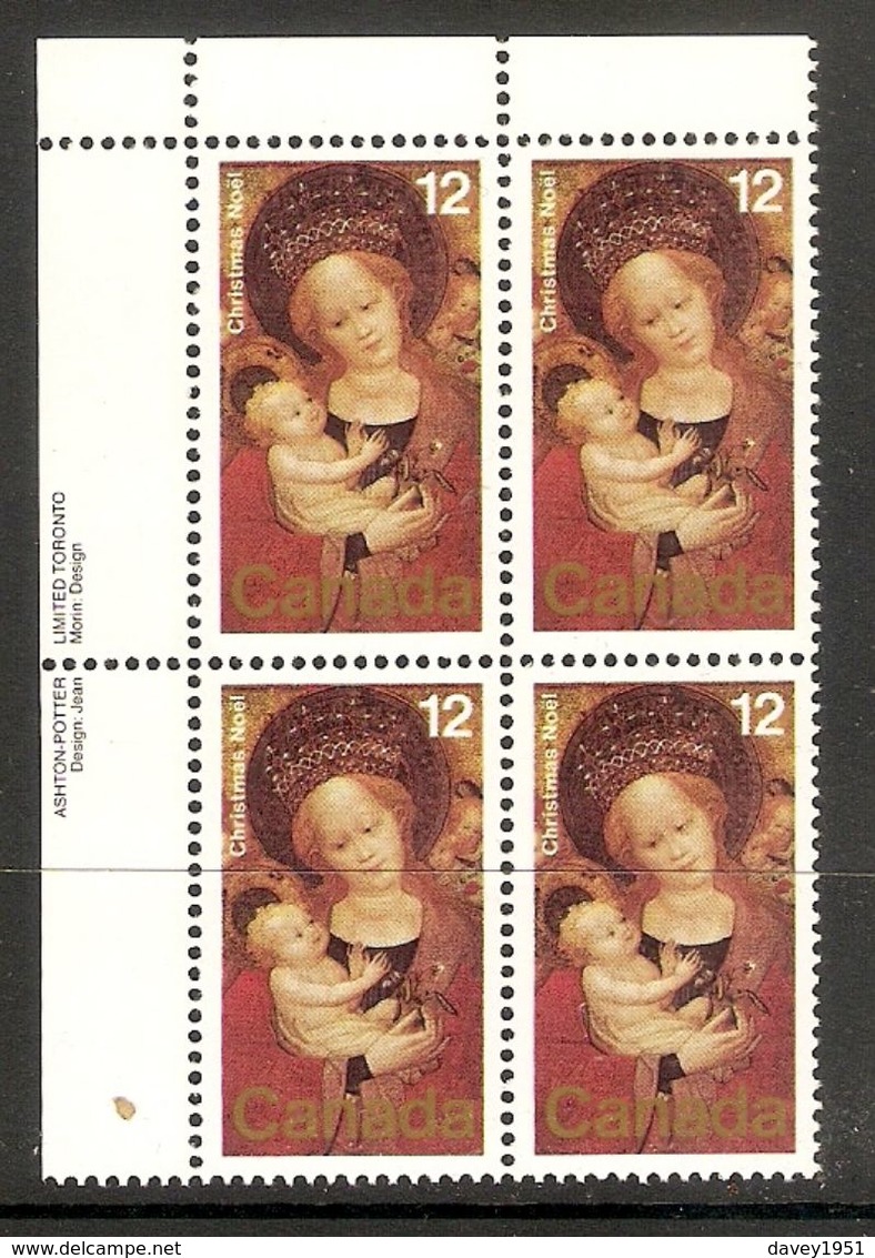 006385 Canada 1978 Christmas 12c Plate Block UL MNH - Plate Number & Inscriptions