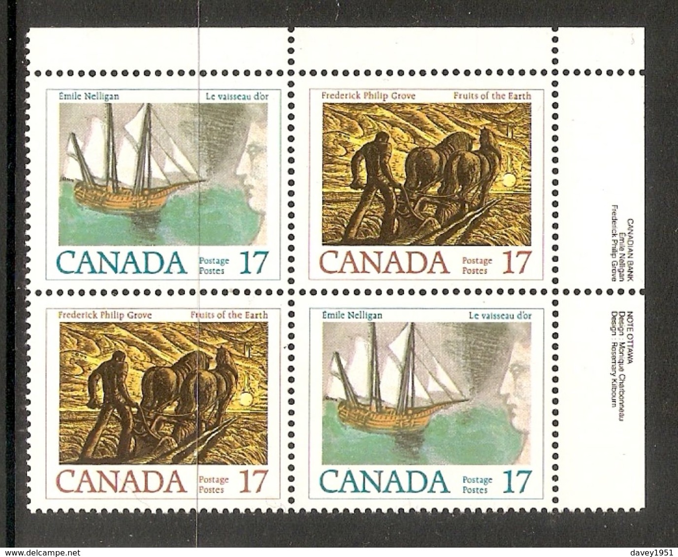 006391 Canada 1979 Authors 17c Plate Block UR MNH - Plate Number & Inscriptions