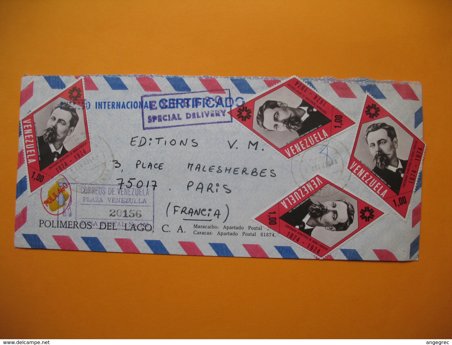 Lettre Venezuela Avec Tapon En Recomandé Et  " Expresso Internacional Certificado " 25/9/74 - Venezuela