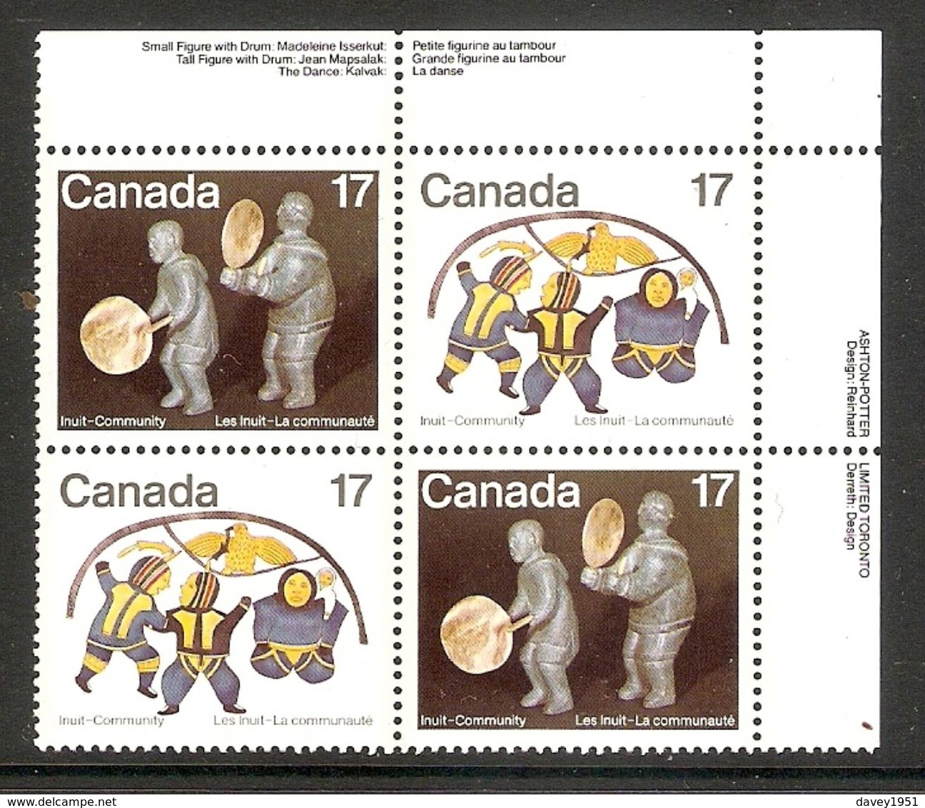 006394 Canada 1979 Inuit 17c Plate Block UR MNH - Plate Number & Inscriptions