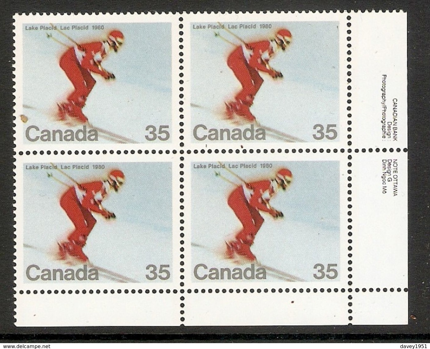 006397 Canada 1980 Winter Olympics 35c Plate Block LR MNH - Plate Number & Inscriptions